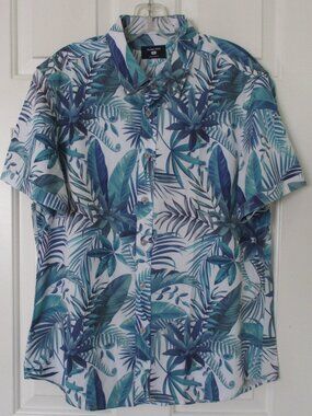 Island Crew Mens S/S Blue Green Stretch Floral Hawaiian Shirt NWOT - Size Large